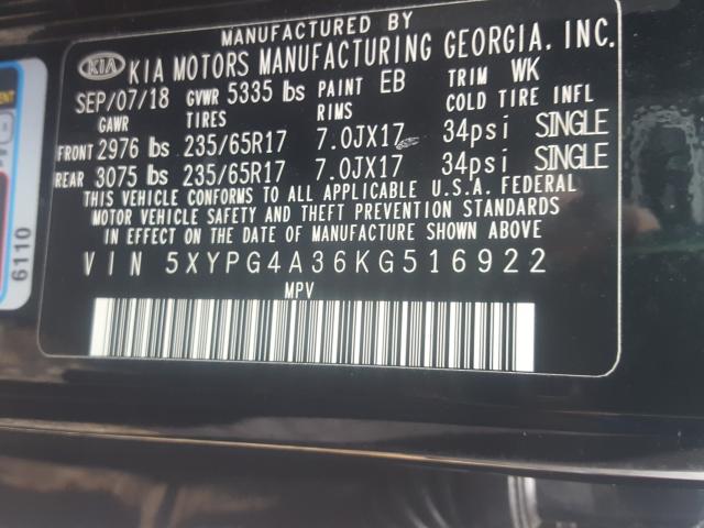 Photo 9 VIN: 5XYPG4A36KG516922 - KIA SORENTO L 