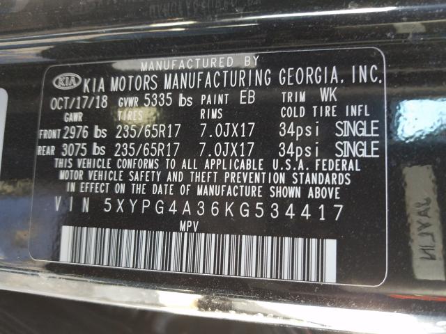 Photo 9 VIN: 5XYPG4A36KG534417 - KIA SORENTO L 