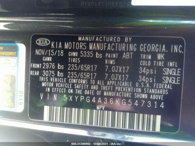 Photo 8 VIN: 5XYPG4A36KG547314 - KIA SORENTO 