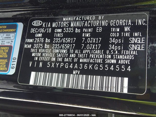 Photo 8 VIN: 5XYPG4A36KG554554 - KIA SORENTO 