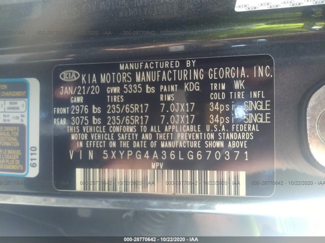 Photo 8 VIN: 5XYPG4A36LG670371 - KIA SORENTO 