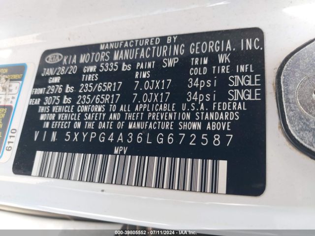 Photo 8 VIN: 5XYPG4A36LG672587 - KIA SORENTO 