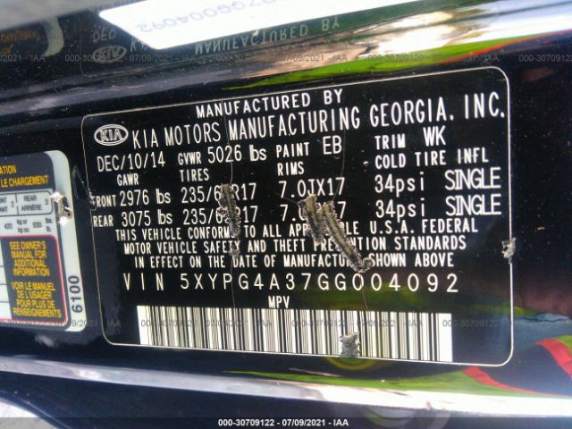 Photo 8 VIN: 5XYPG4A37GG004092 - KIA SORENTO 