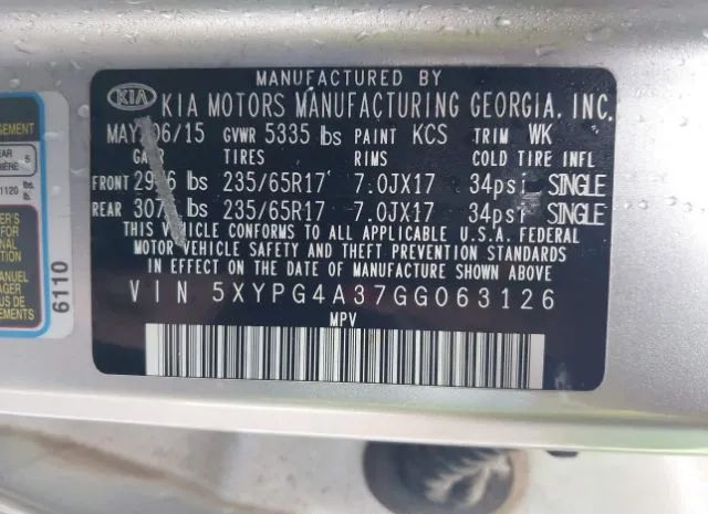 Photo 8 VIN: 5XYPG4A37GG063126 - KIA SORENTO 