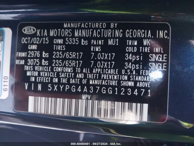 Photo 8 VIN: 5XYPG4A37GG123471 - KIA SORENTO 