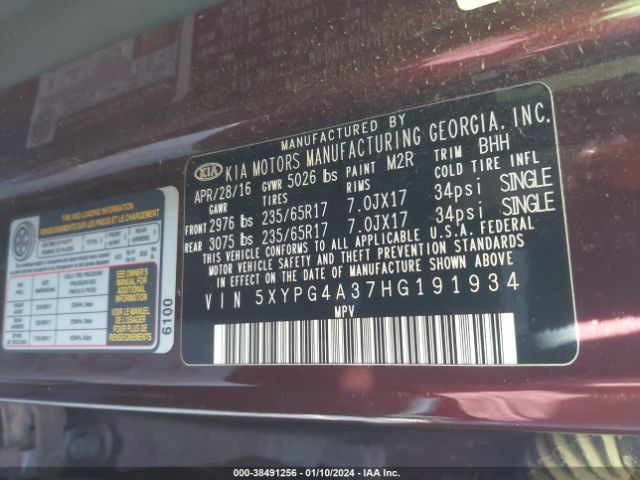 Photo 8 VIN: 5XYPG4A37HG191934 - KIA SORENTO 