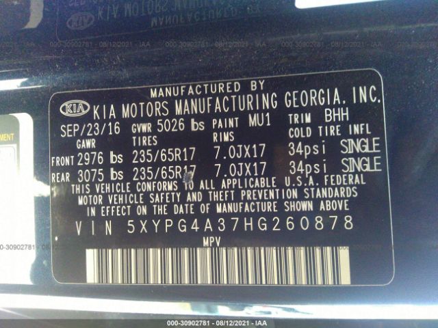 Photo 8 VIN: 5XYPG4A37HG260878 - KIA SORENTO 