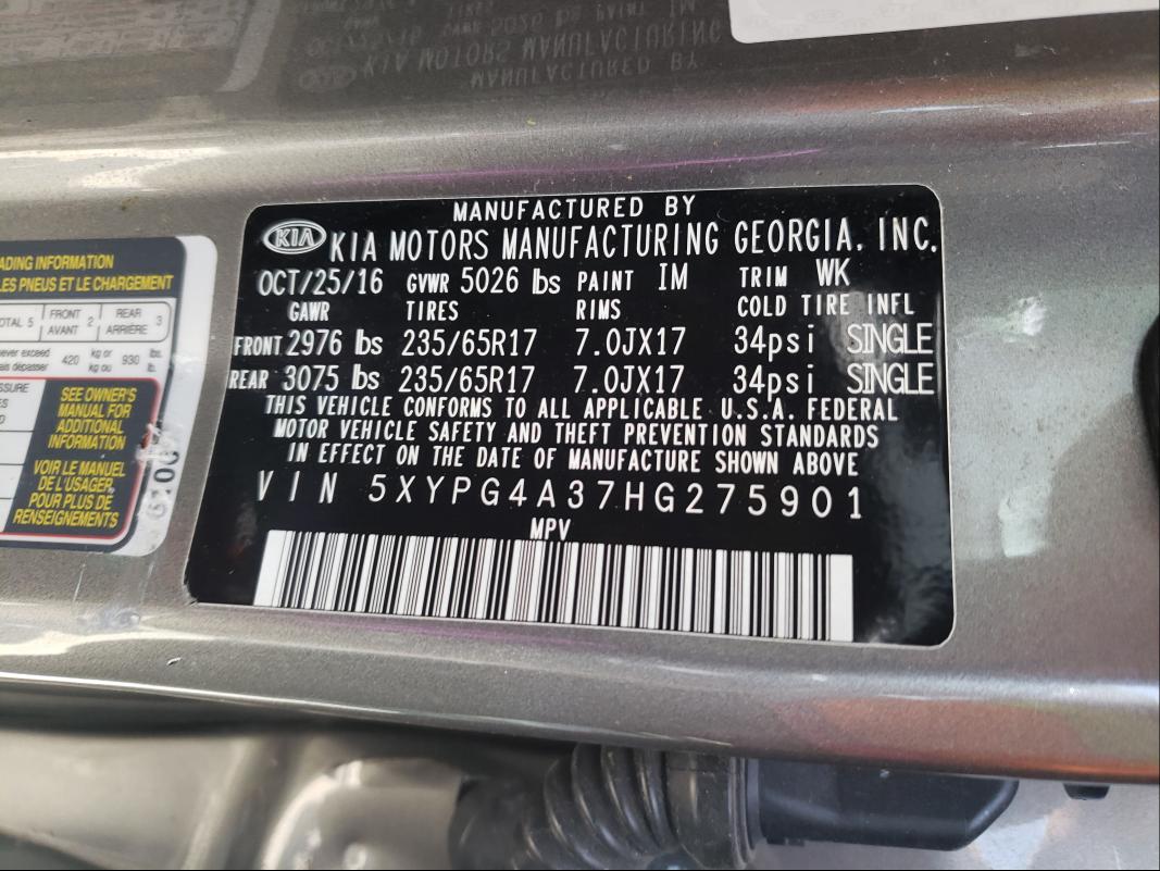 Photo 9 VIN: 5XYPG4A37HG275901 - KIA SORENTO LX 