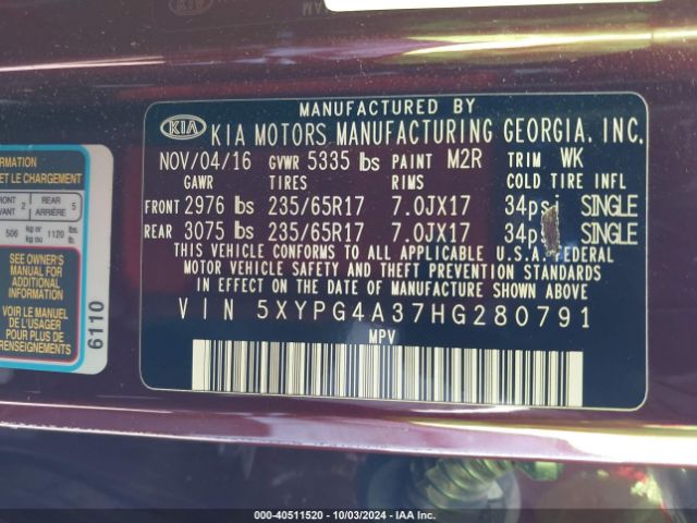 Photo 8 VIN: 5XYPG4A37HG280791 - KIA SORENTO 