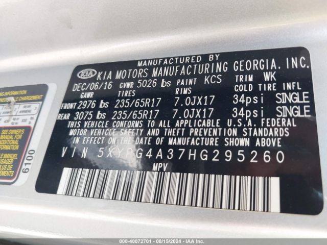 Photo 8 VIN: 5XYPG4A37HG295260 - KIA SORENTO 