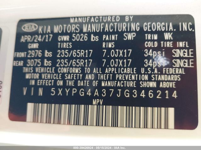 Photo 8 VIN: 5XYPG4A37JG346214 - KIA SORENTO 