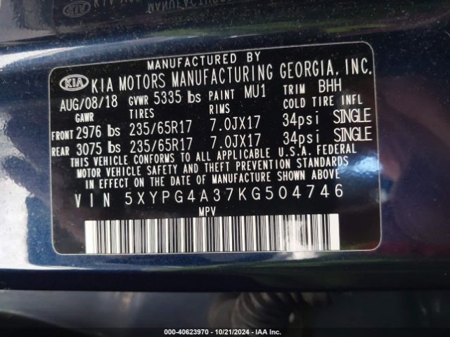 Photo 8 VIN: 5XYPG4A37KG504746 - KIA SORENTO 