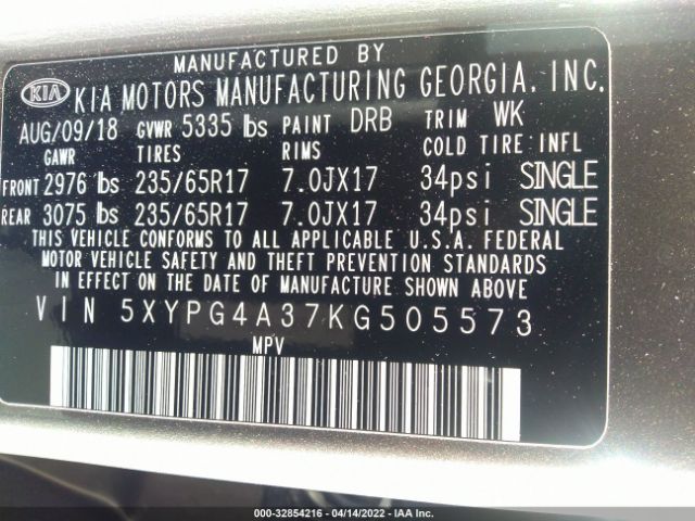 Photo 8 VIN: 5XYPG4A37KG505573 - KIA SORENTO 