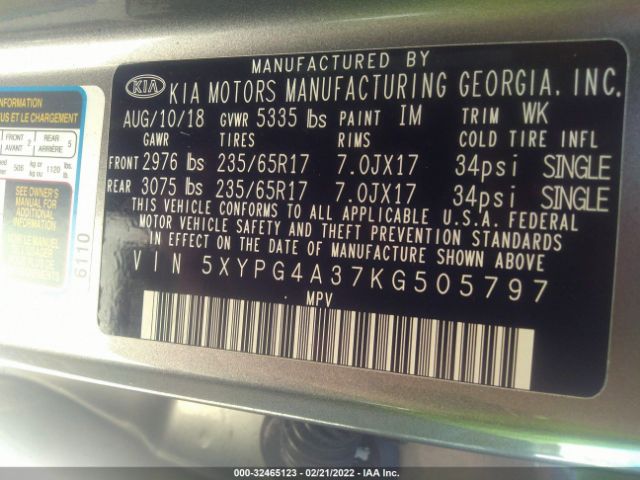 Photo 8 VIN: 5XYPG4A37KG505797 - KIA SORENTO 