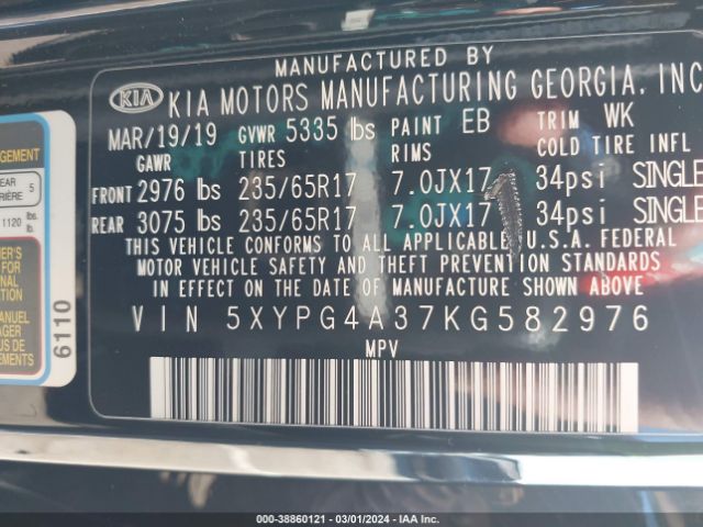 Photo 8 VIN: 5XYPG4A37KG582976 - KIA SORENTO 