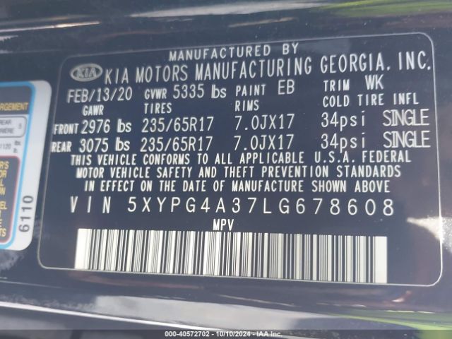 Photo 8 VIN: 5XYPG4A37LG678608 - KIA SORENTO 