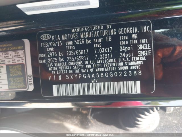 Photo 8 VIN: 5XYPG4A38GG022388 - KIA SORENTO 