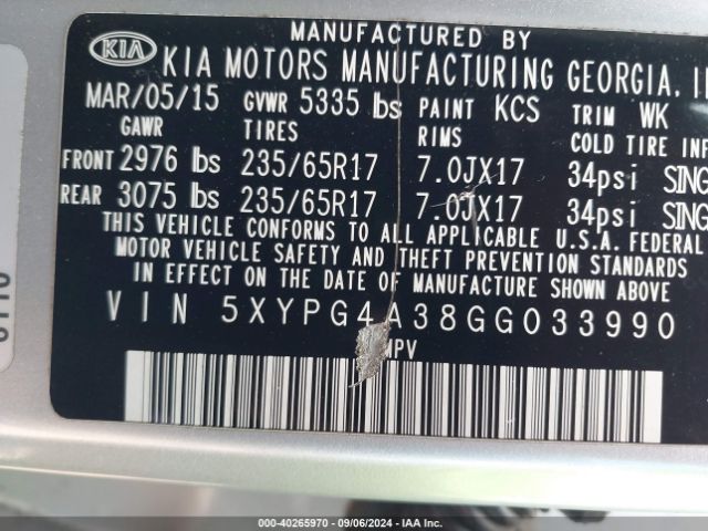 Photo 8 VIN: 5XYPG4A38GG033990 - KIA SORENTO 