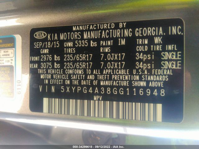 Photo 8 VIN: 5XYPG4A38GG116948 - KIA SORENTO 