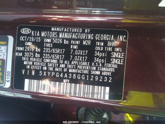 Photo 8 VIN: 5XYPG4A38GG129232 - KIA SORENTO 