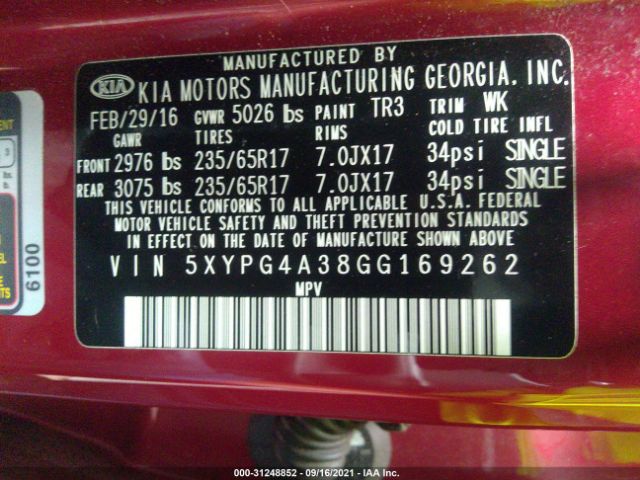 Photo 8 VIN: 5XYPG4A38GG169262 - KIA SORENTO 