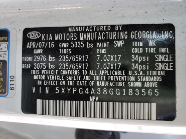 Photo 9 VIN: 5XYPG4A38GG183565 - KIA SORENTO LX 