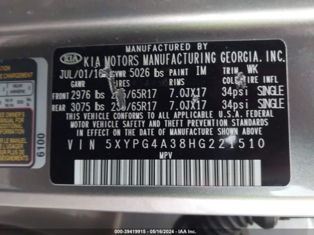 Photo 8 VIN: 5XYPG4A38HG221510 - KIA SORENTO 