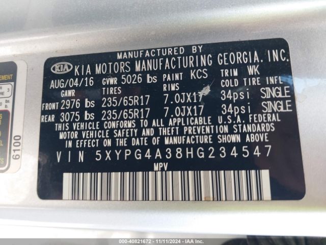 Photo 8 VIN: 5XYPG4A38HG234547 - KIA SORENTO 