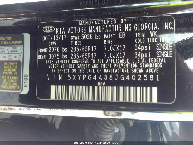 Photo 8 VIN: 5XYPG4A38JG402581 - KIA SORENTO 