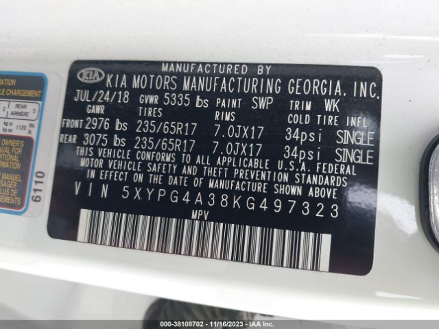 Photo 8 VIN: 5XYPG4A38KG497323 - KIA SORENTO 