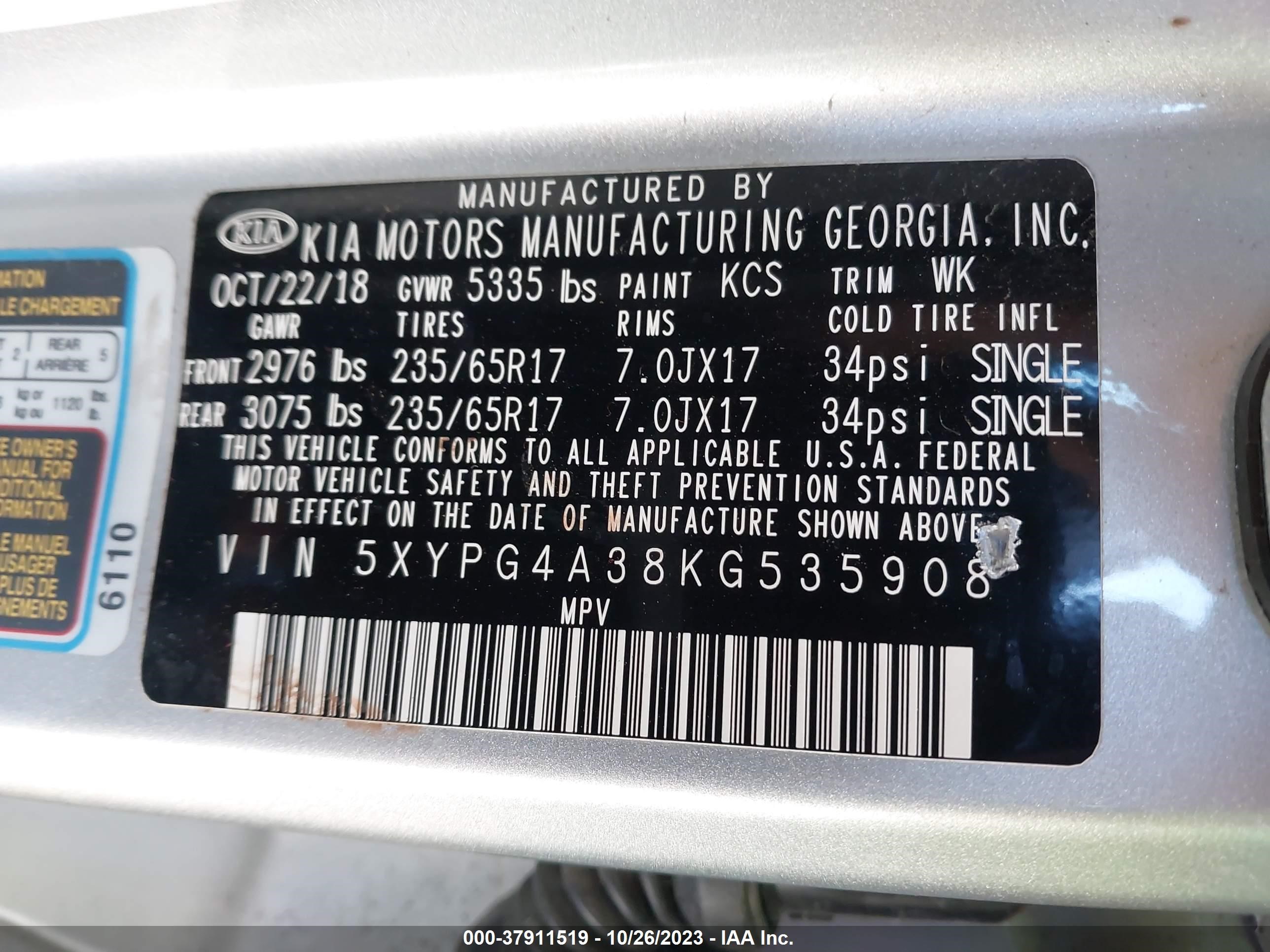 Photo 8 VIN: 5XYPG4A38KG535908 - KIA SORENTO 