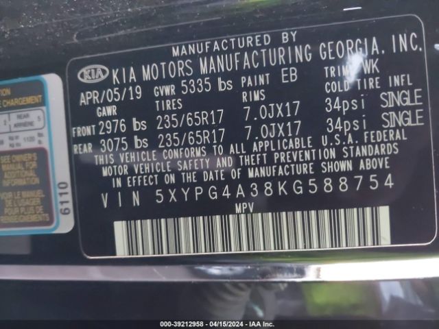 Photo 8 VIN: 5XYPG4A38KG588754 - KIA SORENTO 