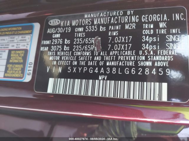 Photo 8 VIN: 5XYPG4A38LG628459 - KIA SORENTO 