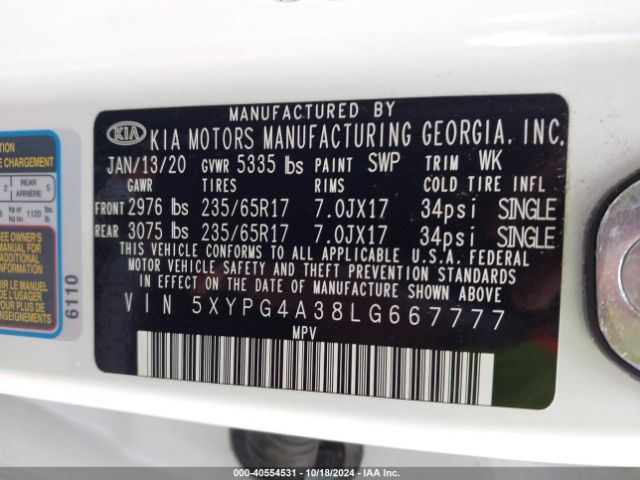 Photo 8 VIN: 5XYPG4A38LG667777 - KIA SORENTO 