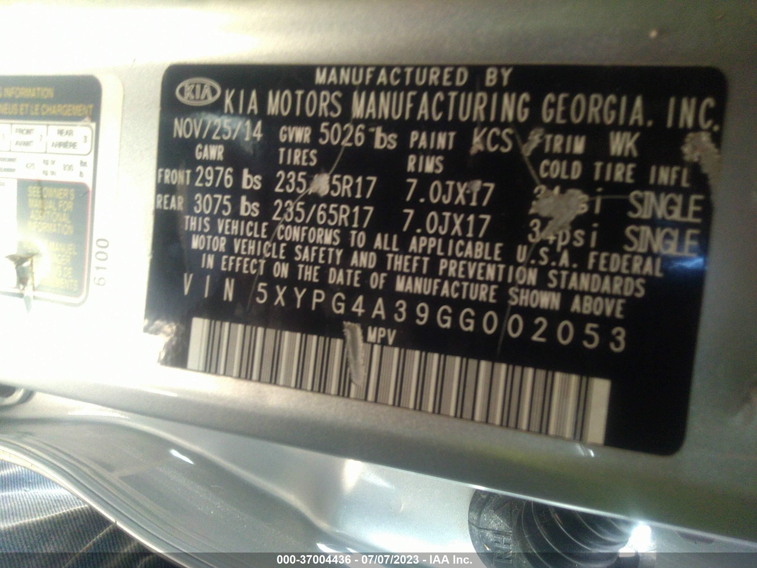 Photo 8 VIN: 5XYPG4A39GG002053 - KIA SORENTO 