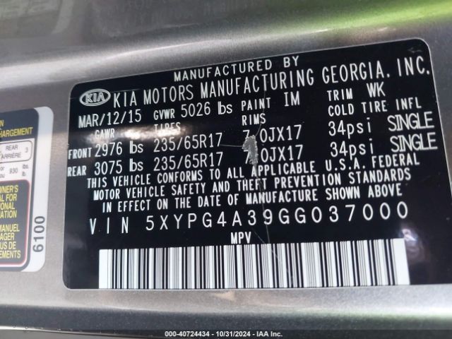 Photo 8 VIN: 5XYPG4A39GG037000 - KIA SORENTO 