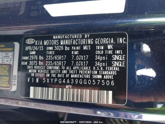 Photo 8 VIN: 5XYPG4A39GG057506 - KIA SORENTO 