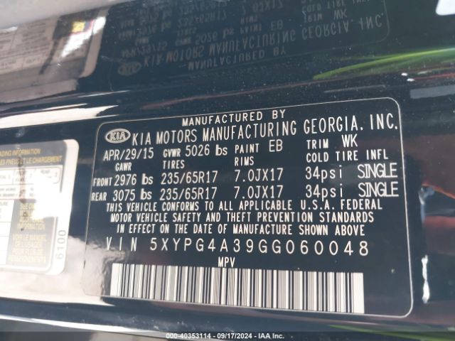 Photo 8 VIN: 5XYPG4A39GG060048 - KIA SORENTO 