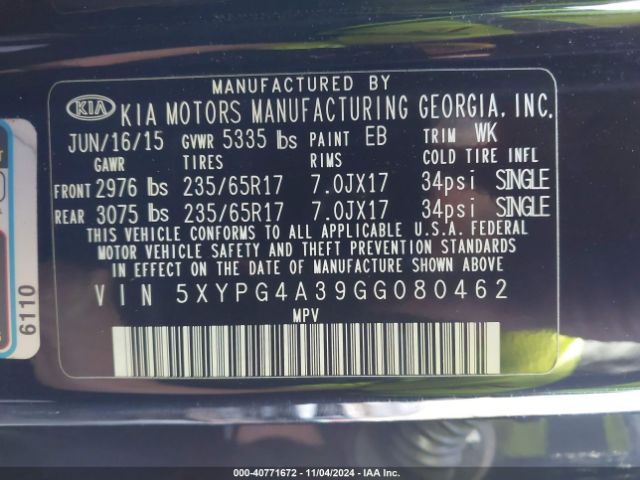 Photo 8 VIN: 5XYPG4A39GG080462 - KIA SORENTO 