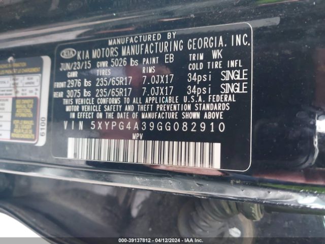 Photo 8 VIN: 5XYPG4A39GG082910 - KIA SORENTO 