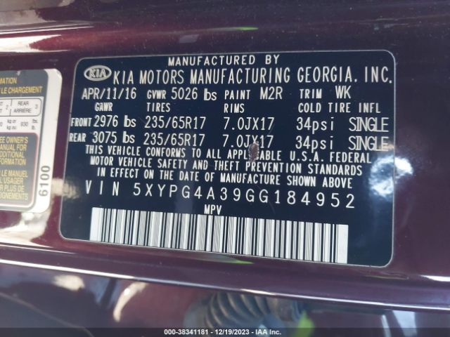 Photo 8 VIN: 5XYPG4A39GG184952 - KIA SORENTO 