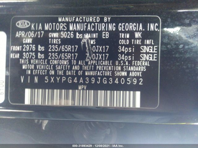 Photo 8 VIN: 5XYPG4A39JG340592 - KIA SORENTO 