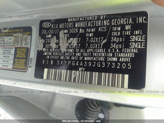 Photo 8 VIN: 5XYPG4A39JG373205 - KIA SORENTO 