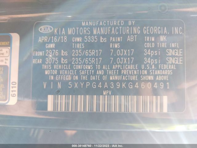 Photo 8 VIN: 5XYPG4A39KG460491 - KIA SORENTO 