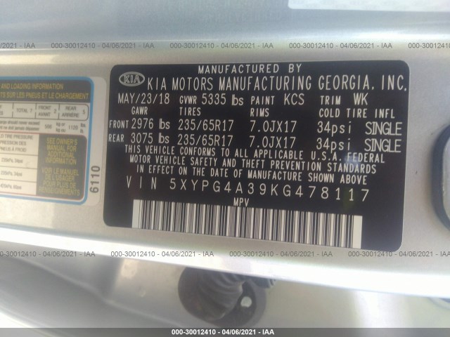 Photo 8 VIN: 5XYPG4A39KG478117 - KIA SORENTO 