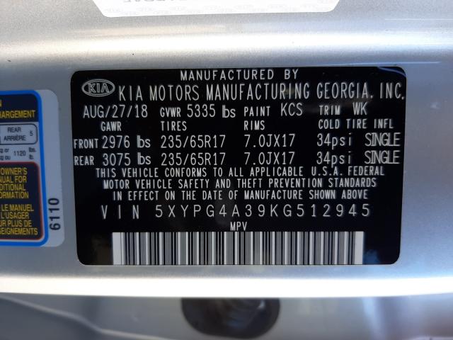 Photo 9 VIN: 5XYPG4A39KG512945 - KIA SORENTO L 