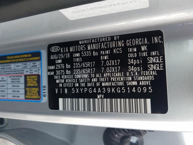 Photo 9 VIN: 5XYPG4A39KG514095 - KIA SORENTO L 