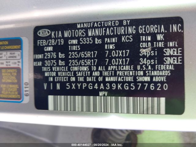 Photo 8 VIN: 5XYPG4A39KG577620 - KIA SORENTO 