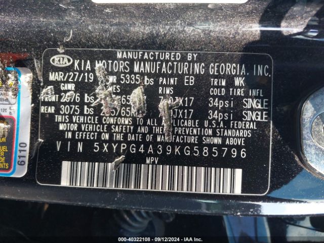 Photo 8 VIN: 5XYPG4A39KG585796 - KIA SORENTO 