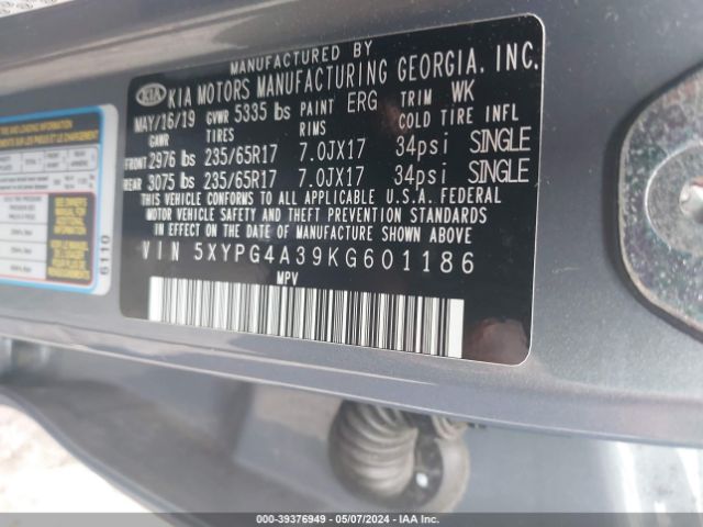 Photo 8 VIN: 5XYPG4A39KG601186 - KIA SORENTO 